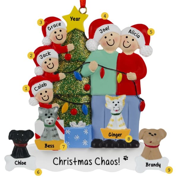 Christmas Couple With 3 Kids And 4 Pets Stringing Lights Ornament
