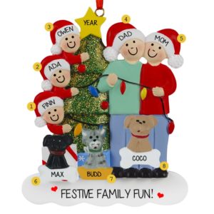 Christmas Couple With 3 Kids And 3 Pets Stringing Lights Ornament