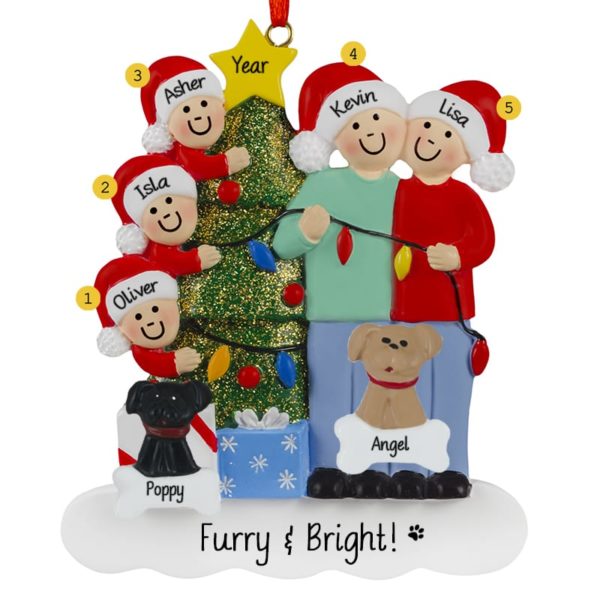 Christmas Couple With 3 Kids And 2 Dogs Stringing Lights Ornament
