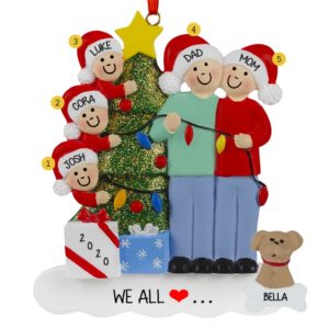 Christmas Couple With 3 Kids And 1 Dog Stringing Lights Ornament