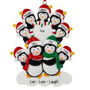 Penguin Family Of 9 Candy Striped Heart Ornament