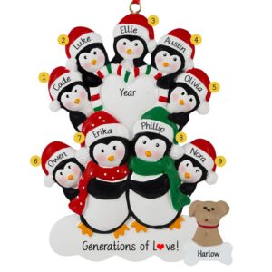 Penguin Family Of 9 With Dog Striped Heart Ornament