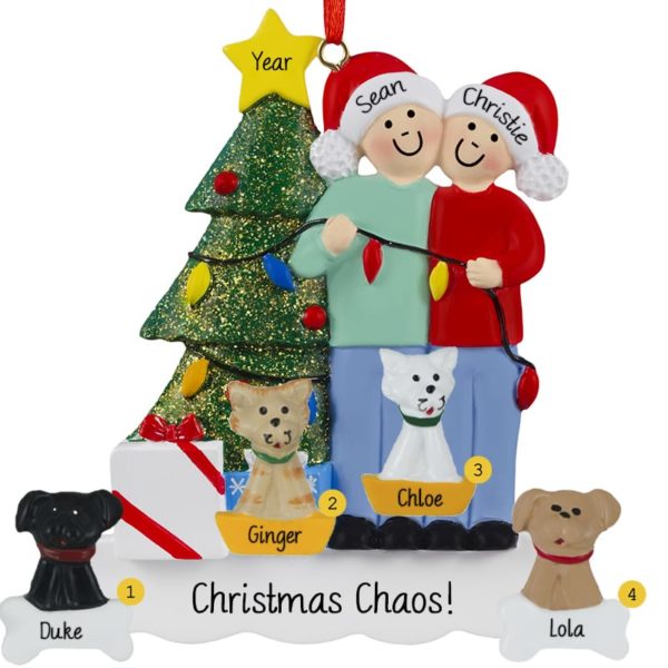 Couple With 4 Pets Stringing Christmas Lights Ornament