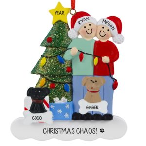 Couple With 2 Dogs Stringing Christmas Lights Ornament