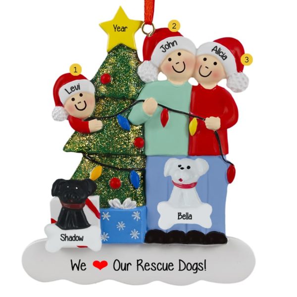 Couple With 1 Child And 2 Dogs Stringing Lights Ornament