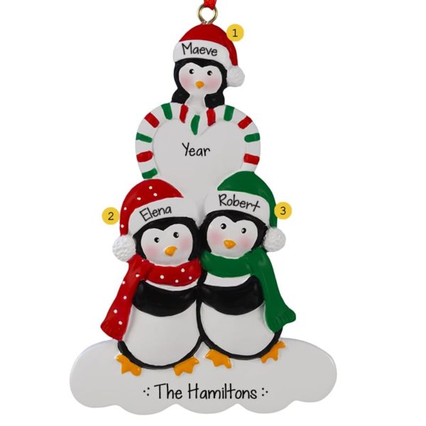 Penguin Family Of 3 Candy Striped Heart Ornament