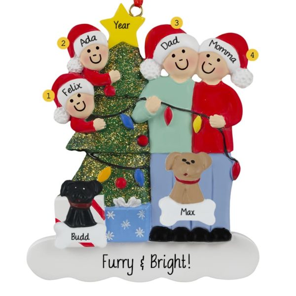 Couple With 2 Kids And 2 Pets Stringing Lights Ornament