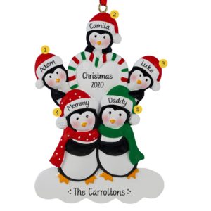 Penguin Family Of 5 Candy Striped Heart Ornament