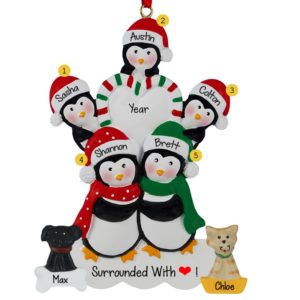 Penguin Family Of 5 With Dog And Cat Striped Heart Ornament