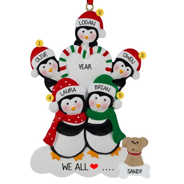 Penguin Family Of 5 With Dog Candy Striped Heart Ornament