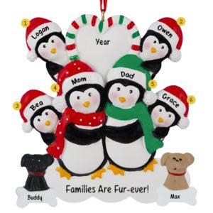 Penguin Family Of 6 With 2 Dogs Striped Heart Ornament