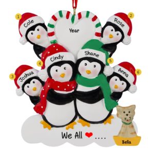 Penguin Family Of 6 With Cat Candy Striped Heart Ornament