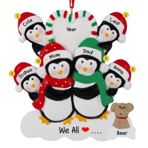 Penguin Family Of 6 With Dog Candy Striped Heart Ornament