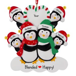 Blended Family Of 6 Penguin Candy Striped Heart Ornament