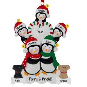 Image of Penguin Family Of 5 With 2 Dogs Striped Heart Ornament