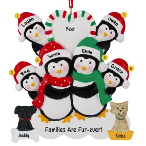 Penguin Family Of 6 With Dog And Cat Striped Heart Ornament
