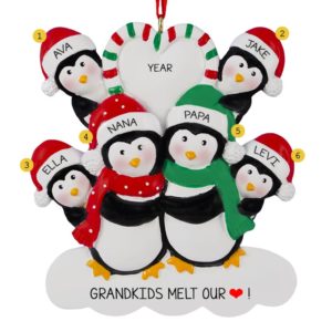 Grandparents With 4 Grandkids Penguin Candy Striped Heart Ornament