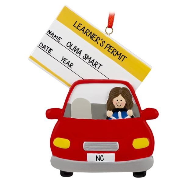 Personalized Learner's Permit GIRL Driving Car Ornament BRUNETTE