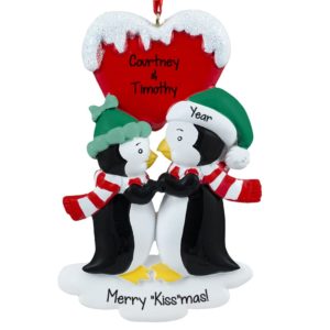 Merry Kissmas Penguin Couple Glittered Heart Ornament