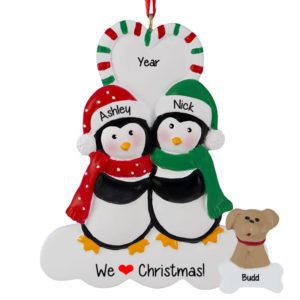 Penguin Couple With Dog Candy Cane Heart Ornament