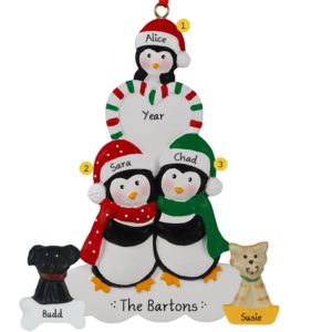 Penguin Family Of 3 With Cat And Dog Striped Heart Ornament