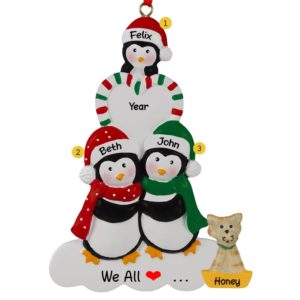 Penguin Family Of 3 And Cat Candy Striped Heart Ornament