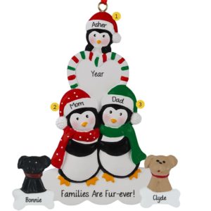 Penguin Family Of 3 And 2 Dogs Candy Striped Heart Ornament