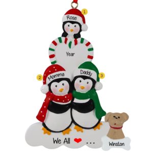 Penguin Family Of 3 And Dog Candy Striped Heart Ornament
