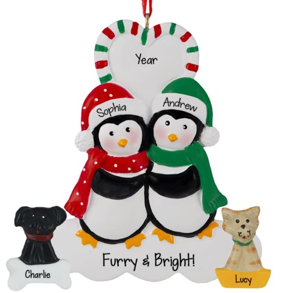 Penguin Couple With Cat And Dog Candy Cane Heart Ornament