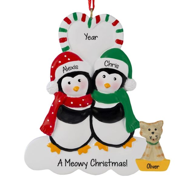 Penguin Couple With Cat Candy Cane Heart Ornament