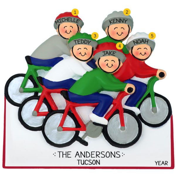 Family Of 5 On Bikes Cycling Ornament