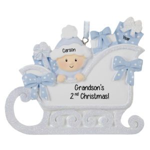 Image of Grandson's 2nd Christmas BLUE Glittered Sleigh Ornament