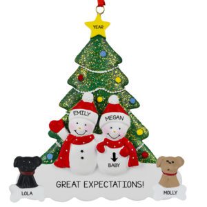 Lesbian Pregnant Snow Couple And 2 Dogs Glittered Tree Ornament