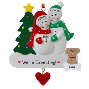 Gay Or Lesbian Expecting Couple With Dog Dangling Heart Ornament