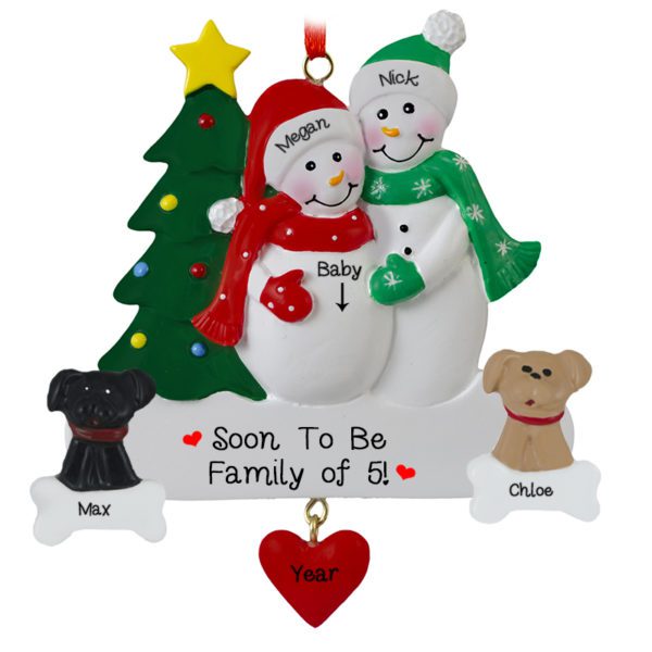 Expecting Snow Couple With 2 Dogs Dangling Heart Ornament