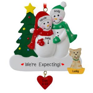 Expecting Snow Couple With Cat Dangling Heart Ornament