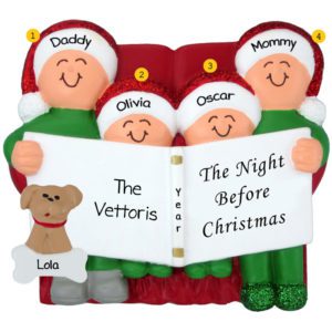 Family Of 4 And DOG Night Before Christmas Glittered Caps Ornament