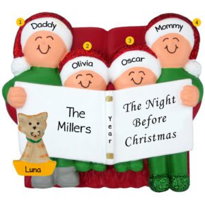 Image of Family Of 4 And CAT Night Before Christmas Glittered Caps Ornament