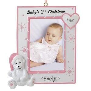 Image of Baby GIRL'S 1st Christmas Photo Frame White Bear Ornament EASEL BACK