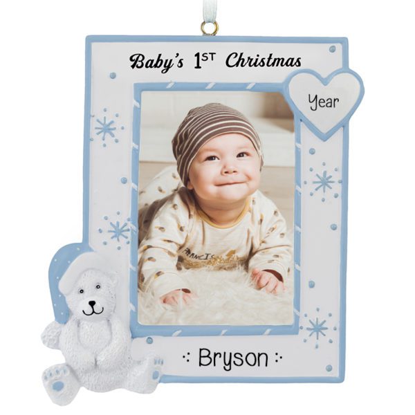 Baby BOY'S 1st Christmas Photo Frame White Bear Ornament EASEL BACK
