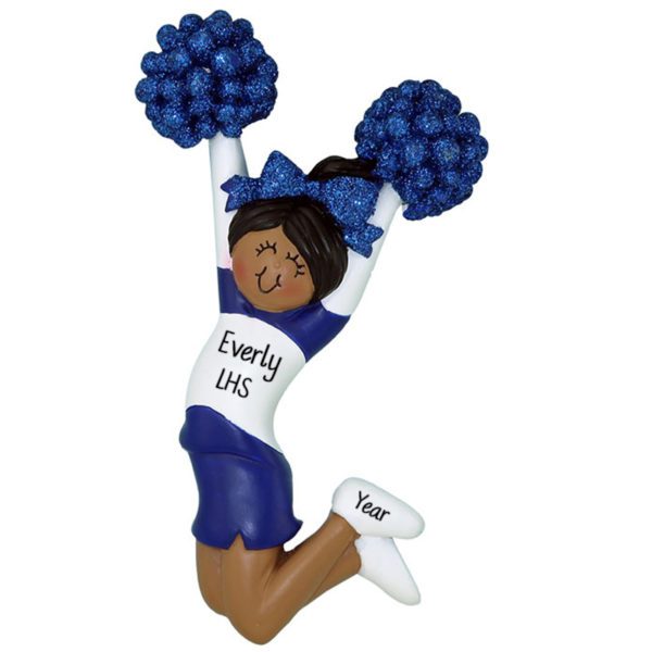 African American BLUE And WHITE Cheerleader Glittered Pom Poms Ornament