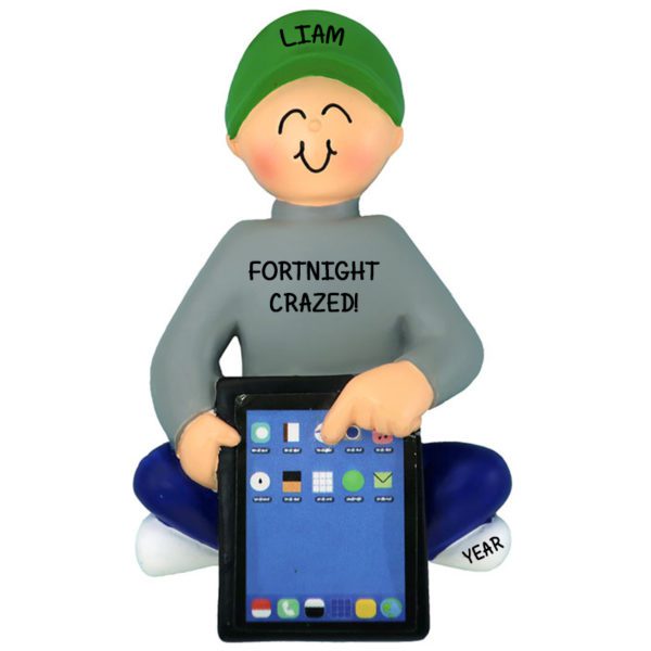 Image of BOY With GREEN Hat Playing Fortnite On iPad Ornament