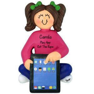 GIRL Playing App On iPad Ornament BRUNETTE