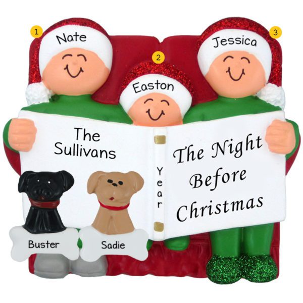 Family Of 3 And 2 DOGS Night Before Christmas Glittered Caps Ornament