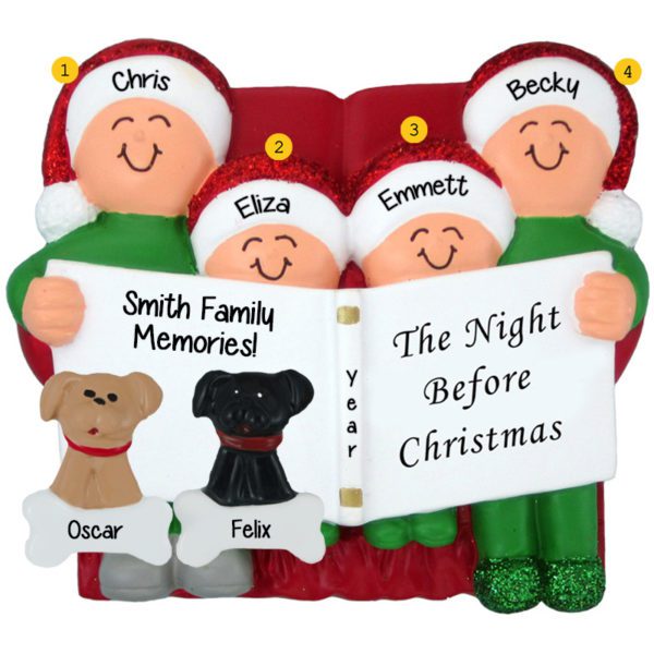 Family Of 4 And 2 DOGS Night Before Christmas Glittered Caps Ornament