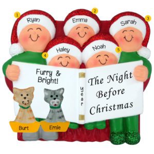 Family Of 5 And 2 CATS Night Before Christmas Glittered Caps Ornament