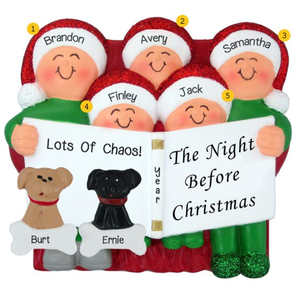 Family Of 5 And 2 DOGS Night Before Christmas Glittered Caps Ornament