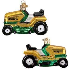 Image of Personalized Riding Lawn Mower Glittered Glass 3-D Ornament