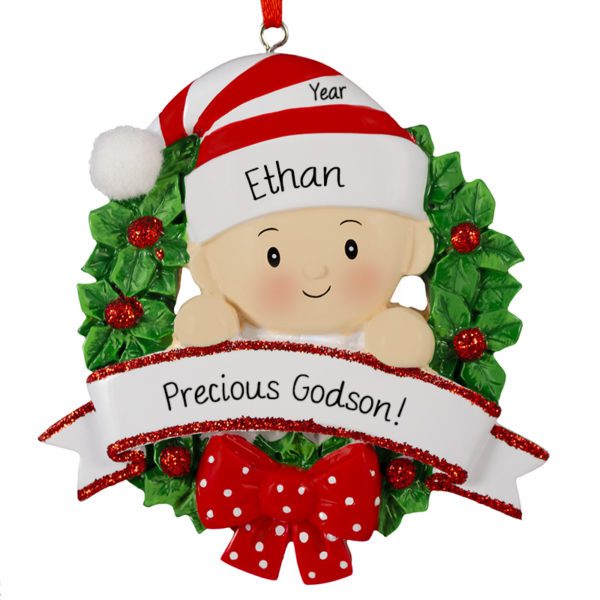 Image of Precious Godson Red And Green Glittered Wreath Ornament
