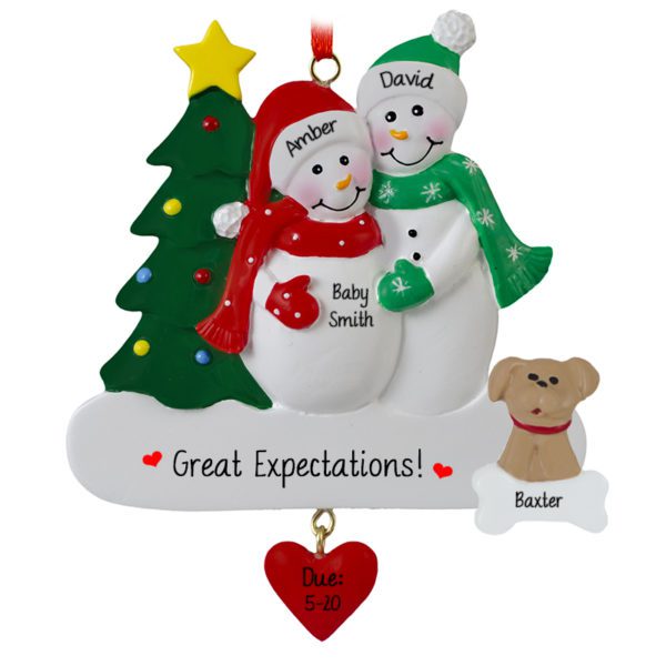 Expecting Snow Couple With Dog Dangling Heart Ornament